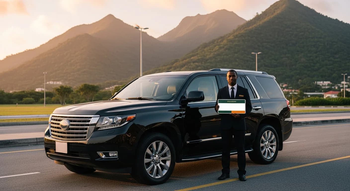 Aurum Transfers professional chauffeur with name board at Sangster International Airport Jamaica arrivals